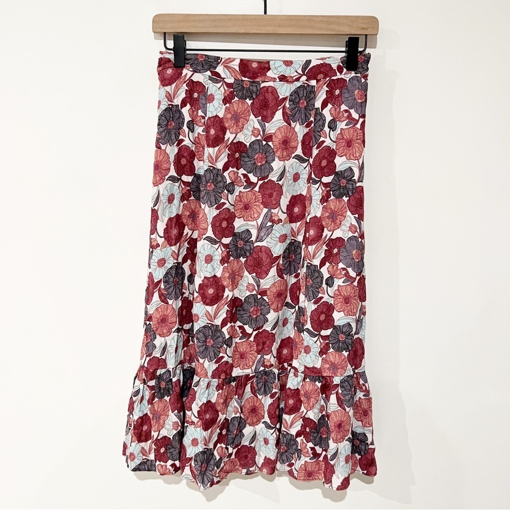 Wilfred Aritzia Chariot Skirt Birch/Warm Sienna Red Floral Print Midi Skirt